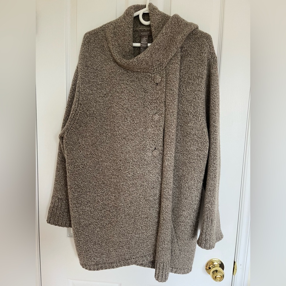 Wool Blend Kenar Woman Button Up Cream and Brown Jacket - Size 1X